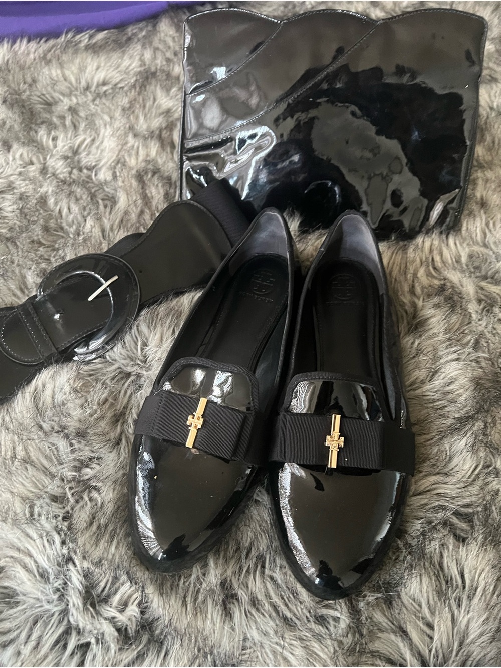 Set of 3 – Authentic Tory Burch Black Patent Loafers + Matching Bag & Belt